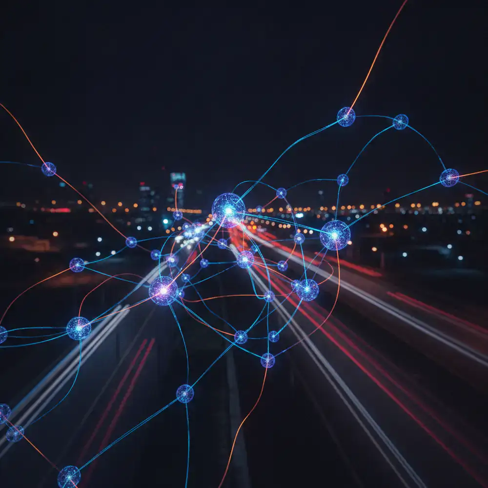 Nodos de inteligencia artificial con líneas de neón interconectadas