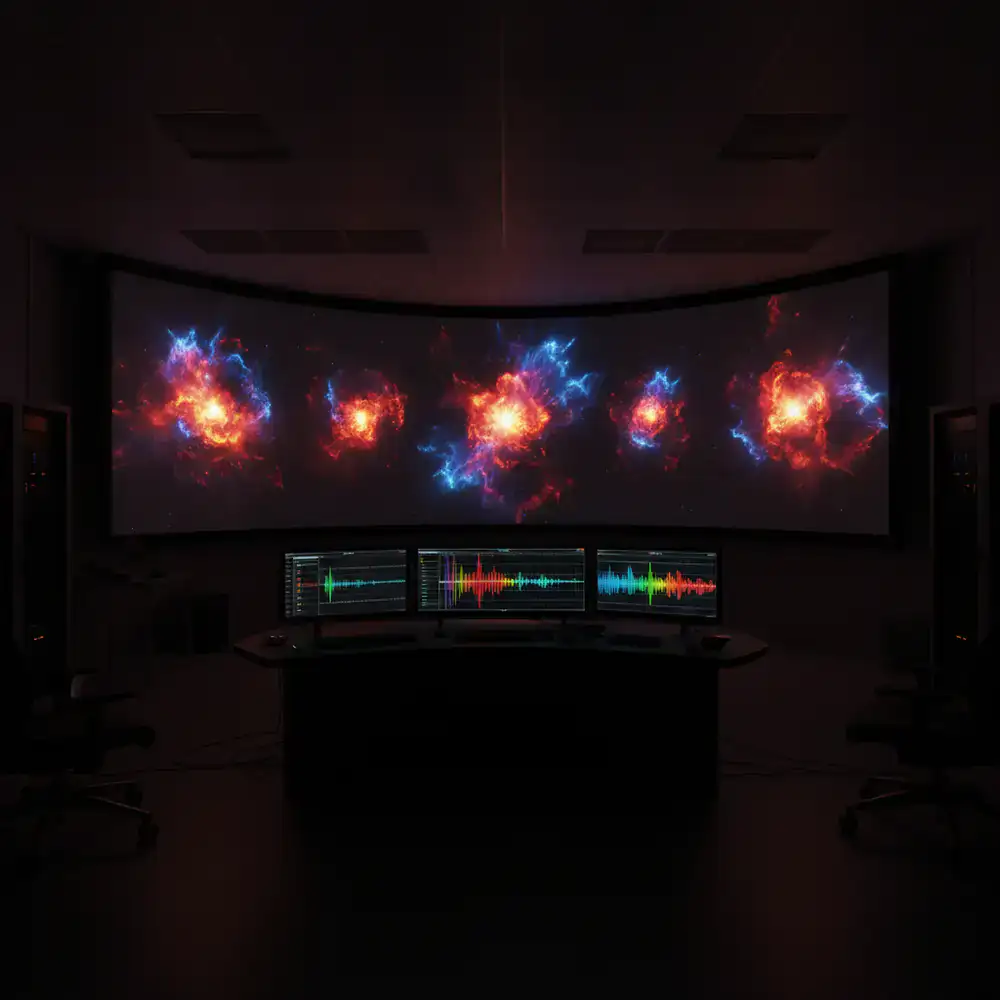 Espectrograma de audio sincronizado con explosiones espaciales en pantalla