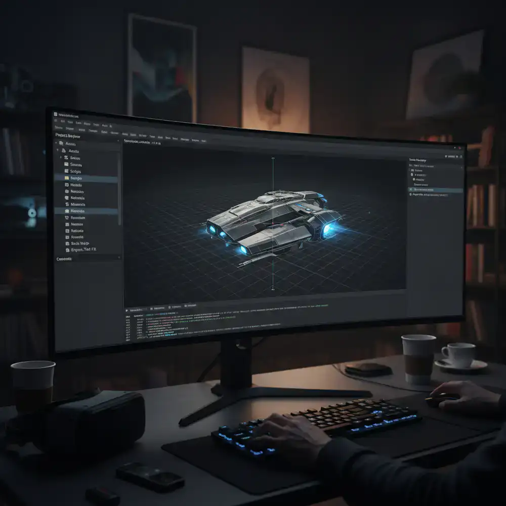 Interfaz del motor de desarrollo de juegos mostrando una nave espacial en un editor
