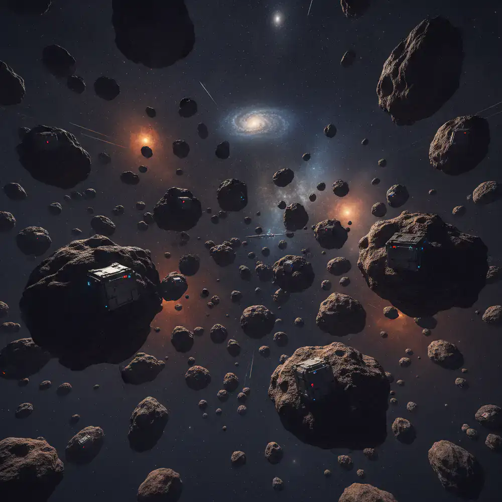 Campo de asteroides con minas espaciales ocultas
