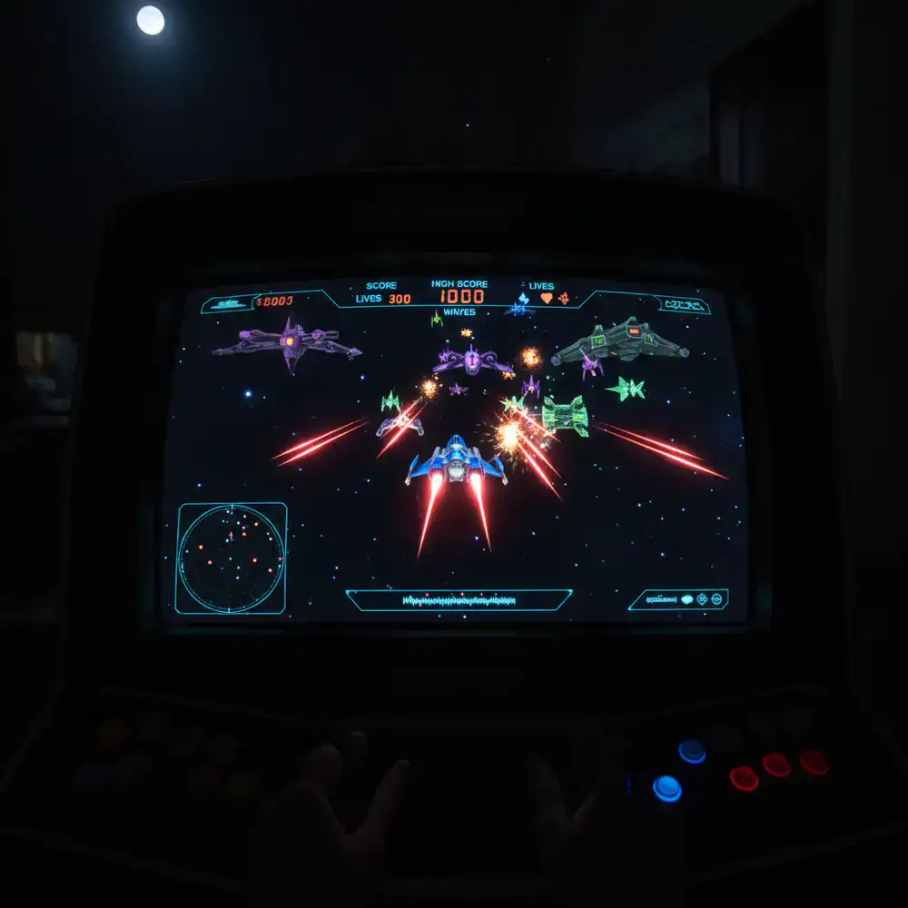 Interfaz de combate espacial arcade mostrando nave del jugador, ráfagas láser, enemigos y marcador superior