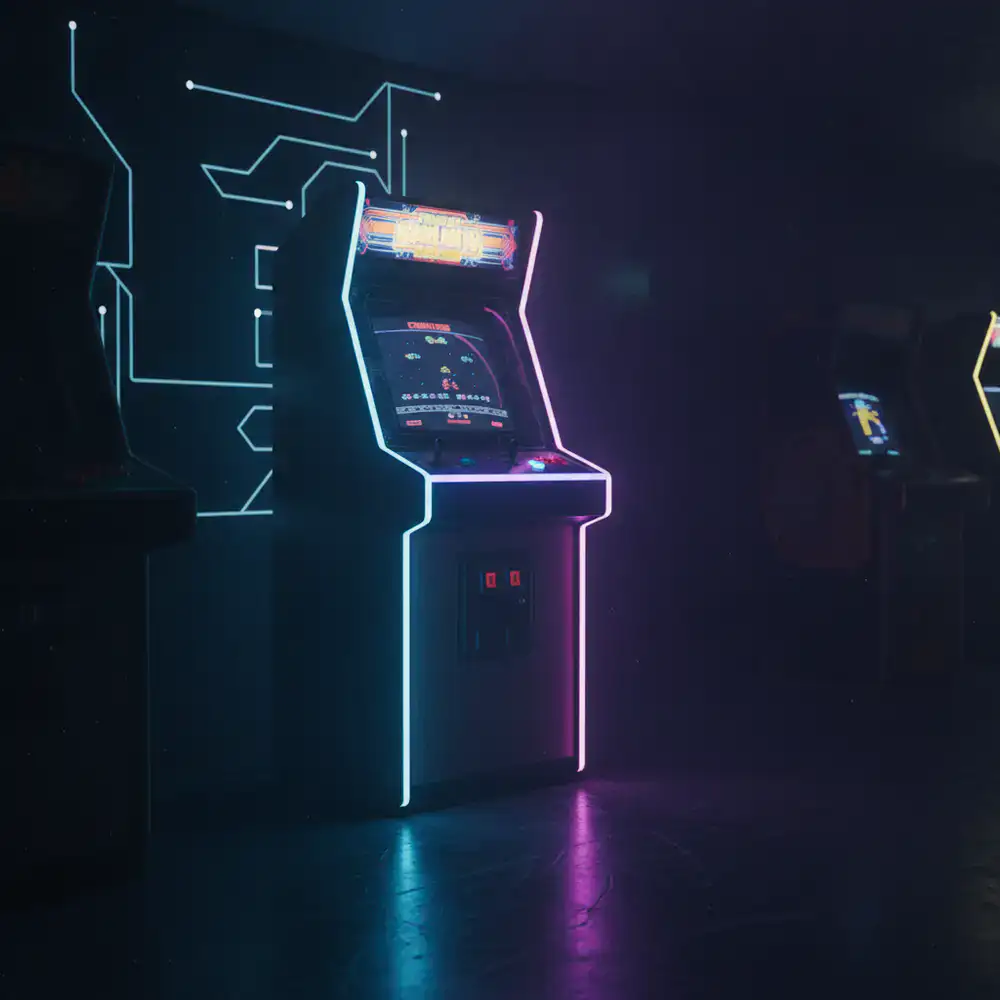 Gabinete arcade clásico con iluminación de neón