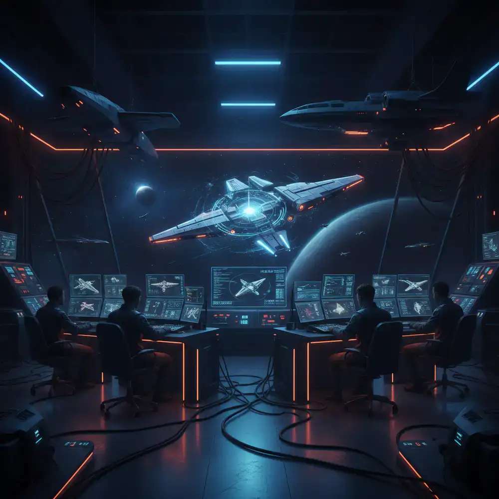 Concept art de naves espaciales y desarrolladores trabajando en un entorno oscuro iluminado por neón